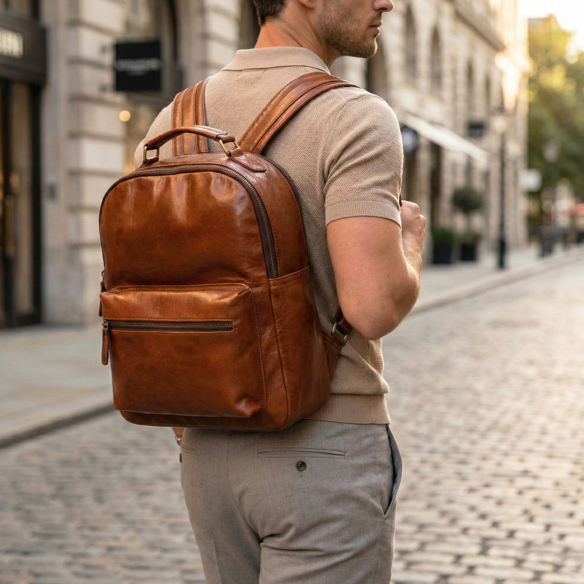 Elara Tan Leather Pocket Backpack