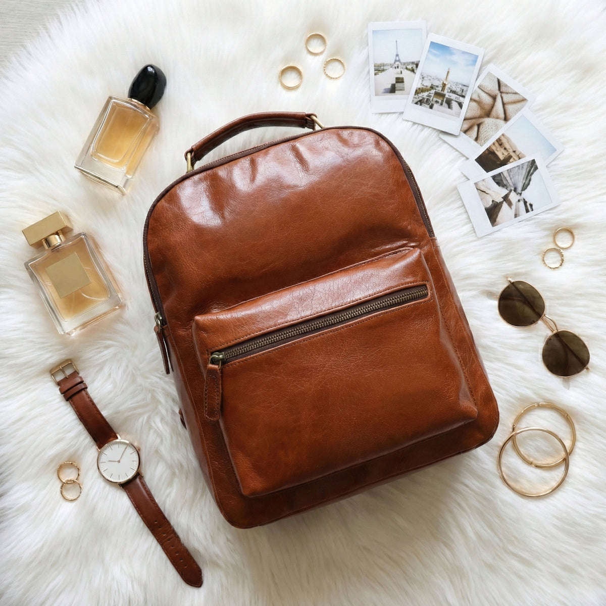 Elara Tan Leather Pocket Backpack